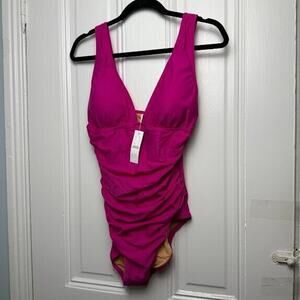J Crew Swim Suit Womens 12 Fuscia Pink Ruched V Neck One Piece Cups Summer NWT